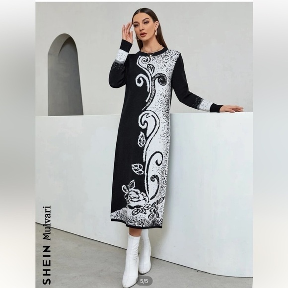 Mulvari Floral Pattern Colour block White Black Sweater Dress Sz M NWOT - Picture 6 of 8